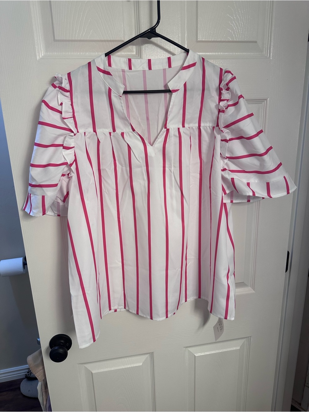 White and Pink Stripe Women’s V-Neck Ruffle Sleeve Top